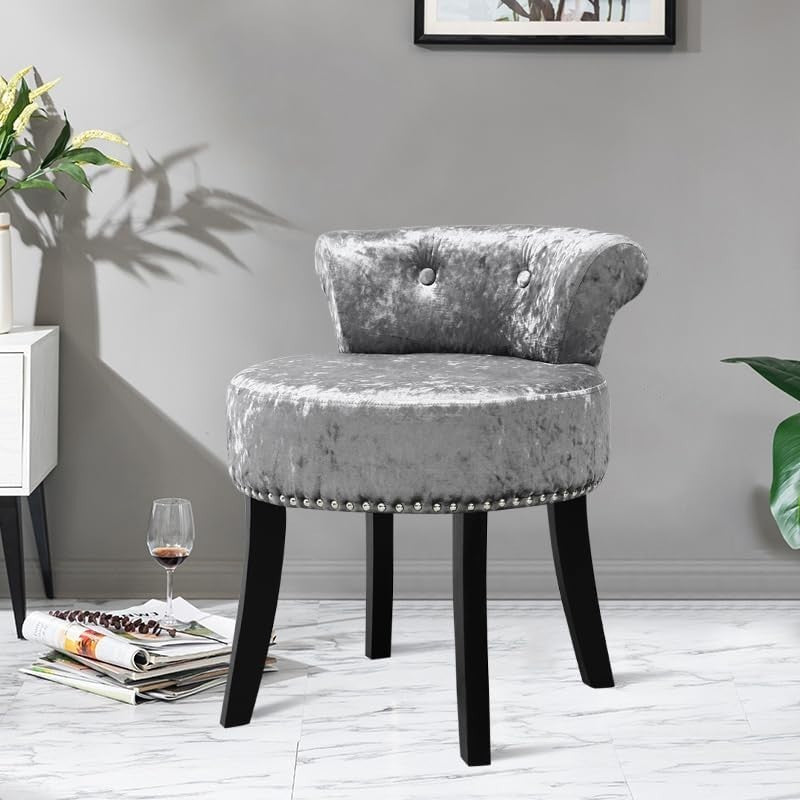 Silver Grey Velvet Vanity Stool with Tufted Back & Solid Wood Legs