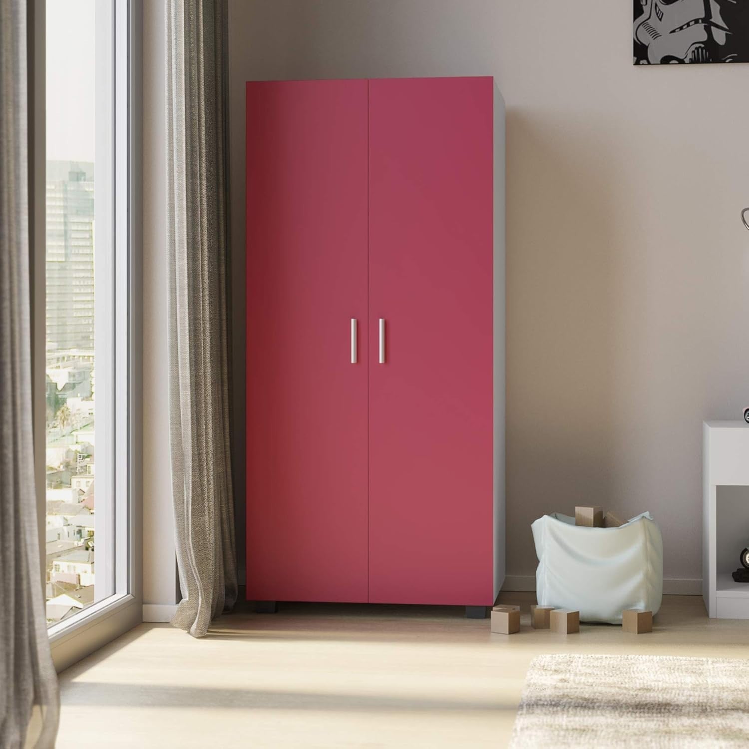 Kids Pink 2 Door Wardrobe with Hanging Rail Storage – Sturdy & Modern
