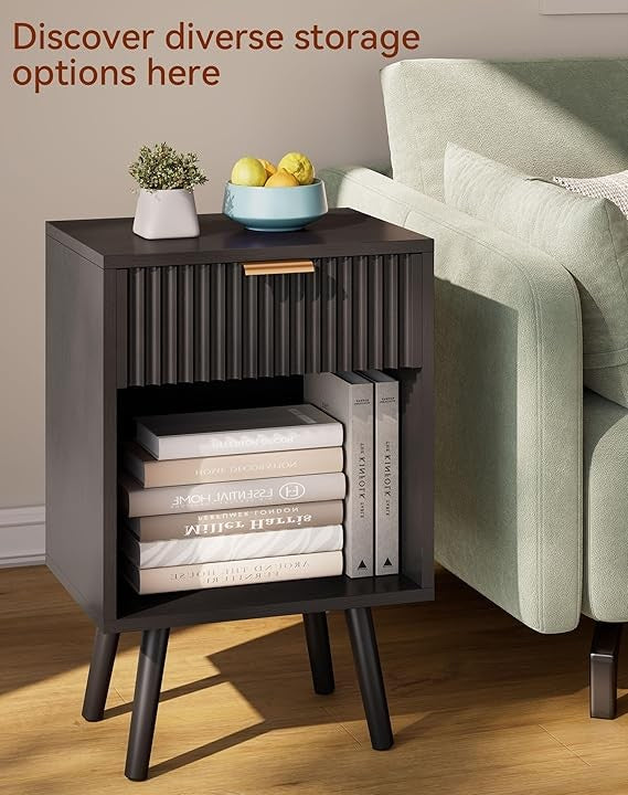 Black Mid Century Bedside Table, Fluted Nightstand with Drawer & Shelf, Solid
