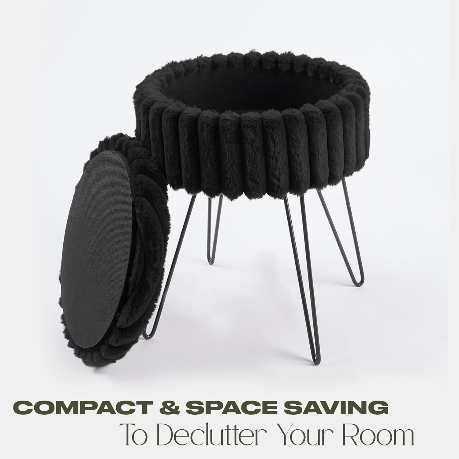 Black Faux Fur Storage Stool Round Footrest Hairpin Leg Ottoman Seat
