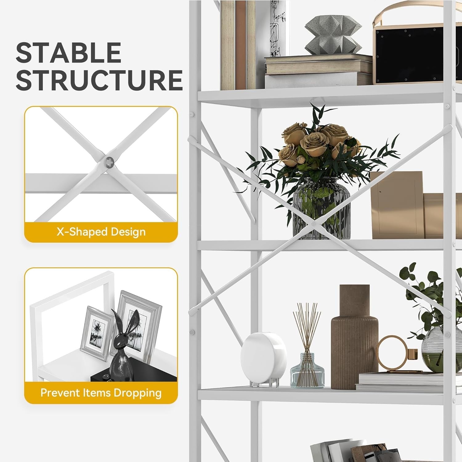 5-Tier White Industrial Bookshelf Metal Frame Wood Shelving Storage Unit