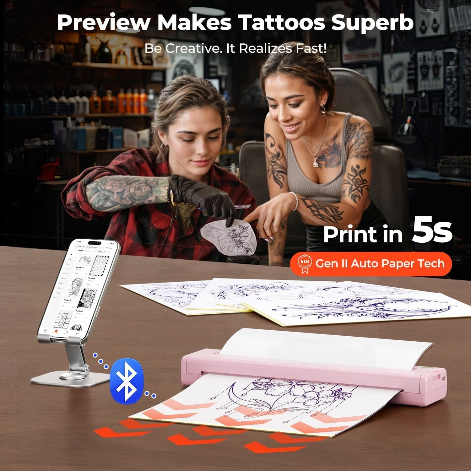 Wireless Thermal Tattoo Stencil Printer Portable Tattoo Kit with 20 Sheets