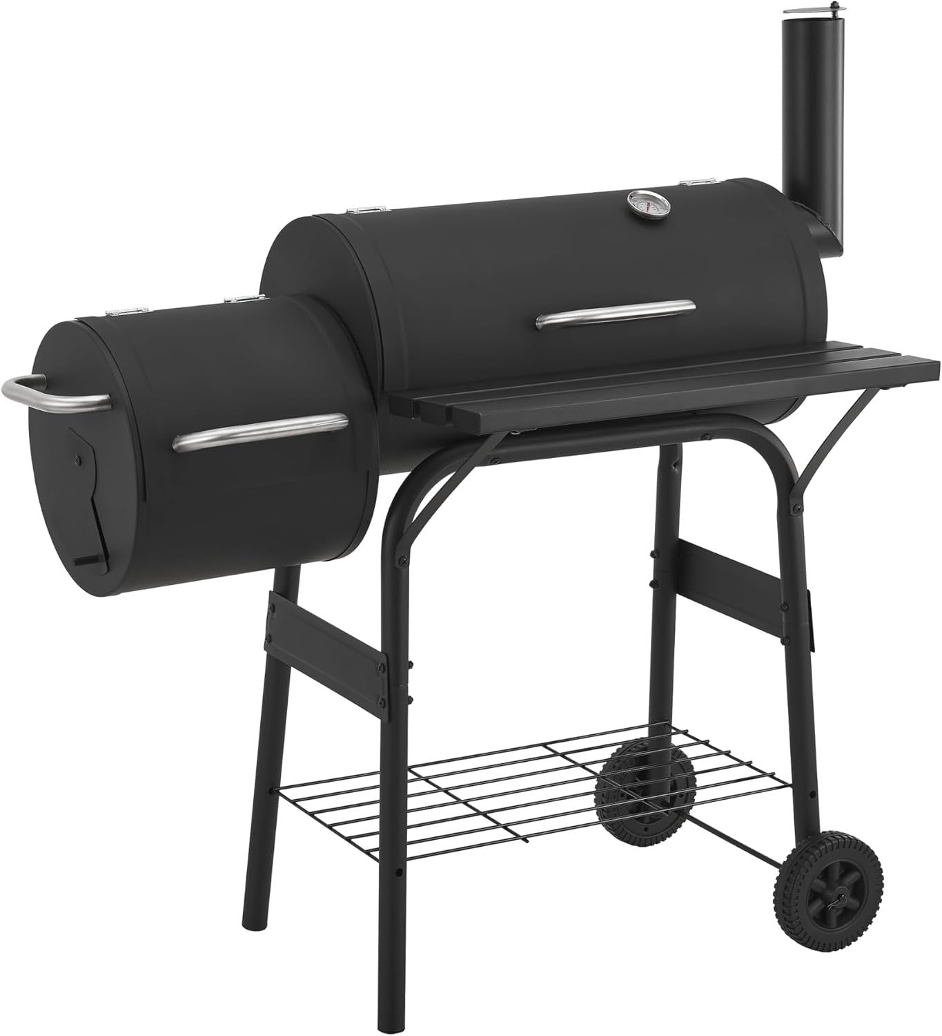 Charcoal BBQ Smoker Grill with Side Firebox & Thermometer Outdoor Trolley 115cm