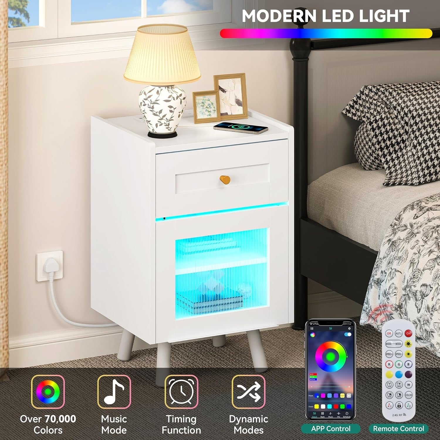 White LED Bedside Table | Nightstand with Drawer & Adjustable Shelf 40×62cm