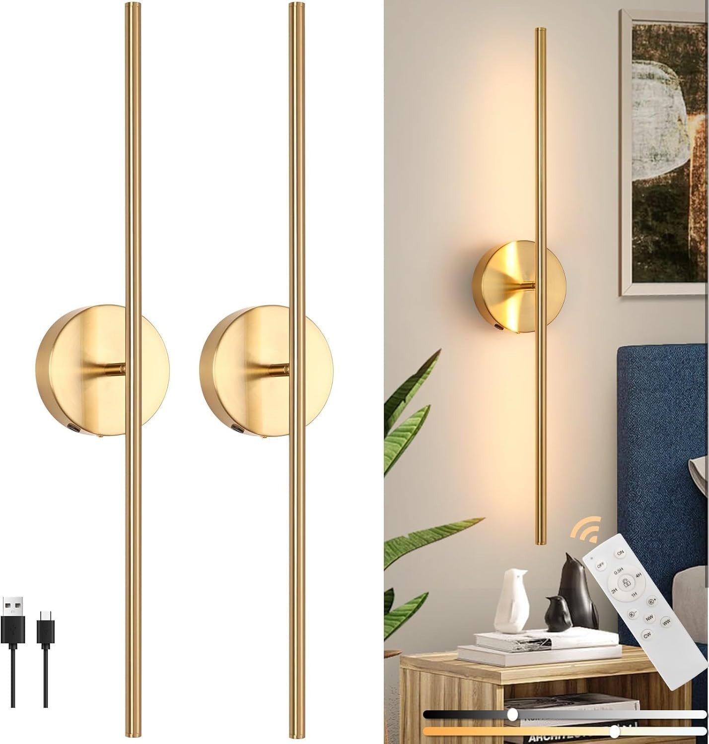 Wireless USB Rechargeable LED Wall Lights, Dimmable, Touch Control, 70cm