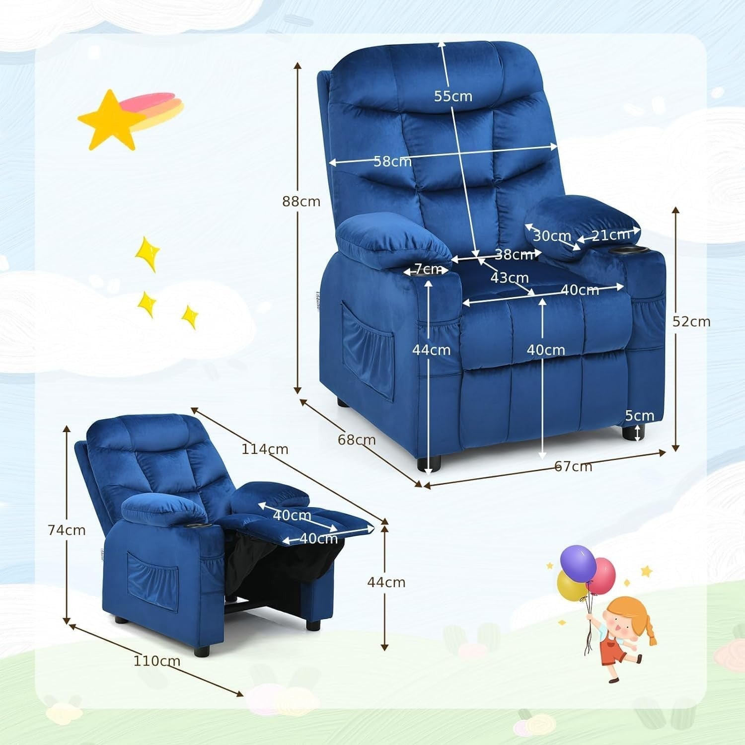Adjustable Kids Recliner Chair Blue w/ Footrest, Velvet, Cup Holders & Storage