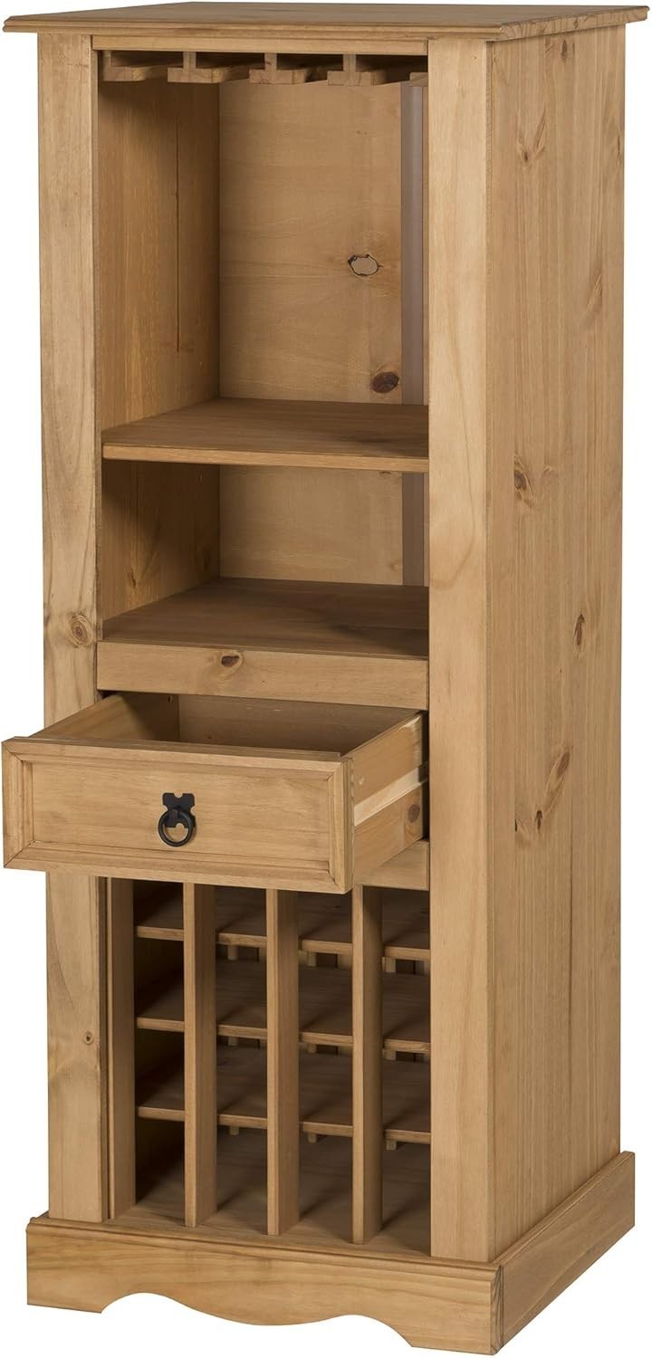 Rustic Pine Wine Rack Cabinet with Drawer & Glass Holder, Floor Standing Storage