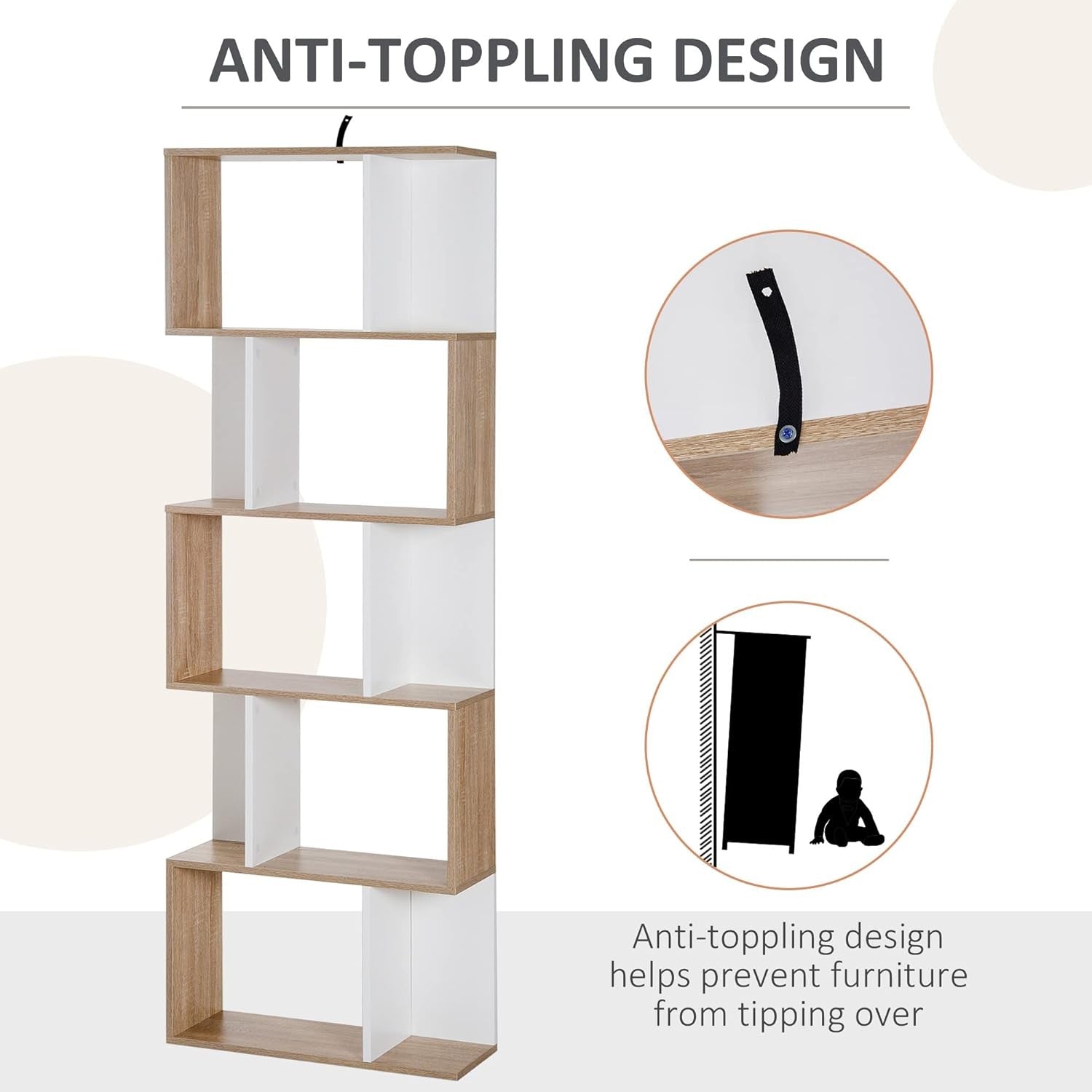Modern S-Shape 6-Tier Freestanding Bookcase Oak & White – Stylish Display Shelf