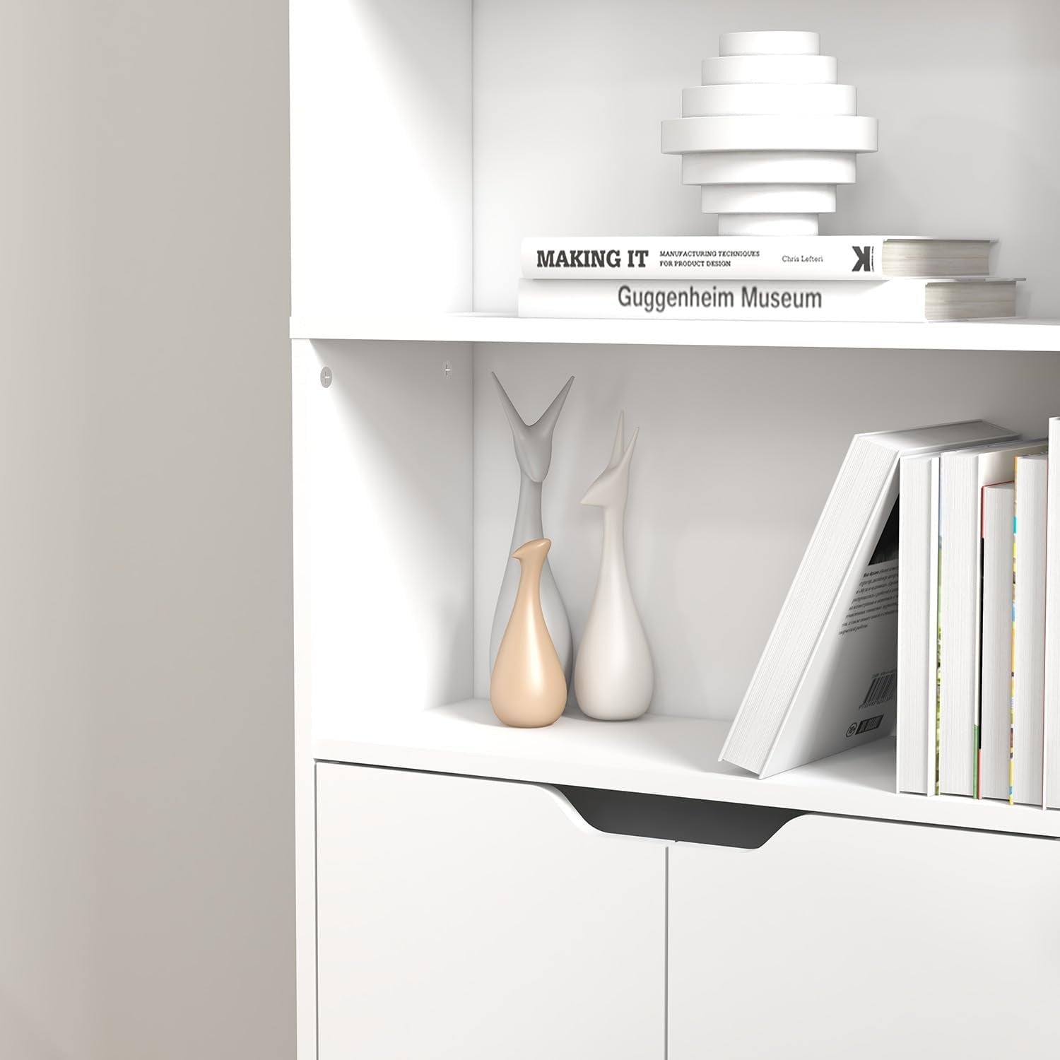 White 6 Tier Tall Bookcase with Doors Modern Storage Cupboard Free Standing Unit