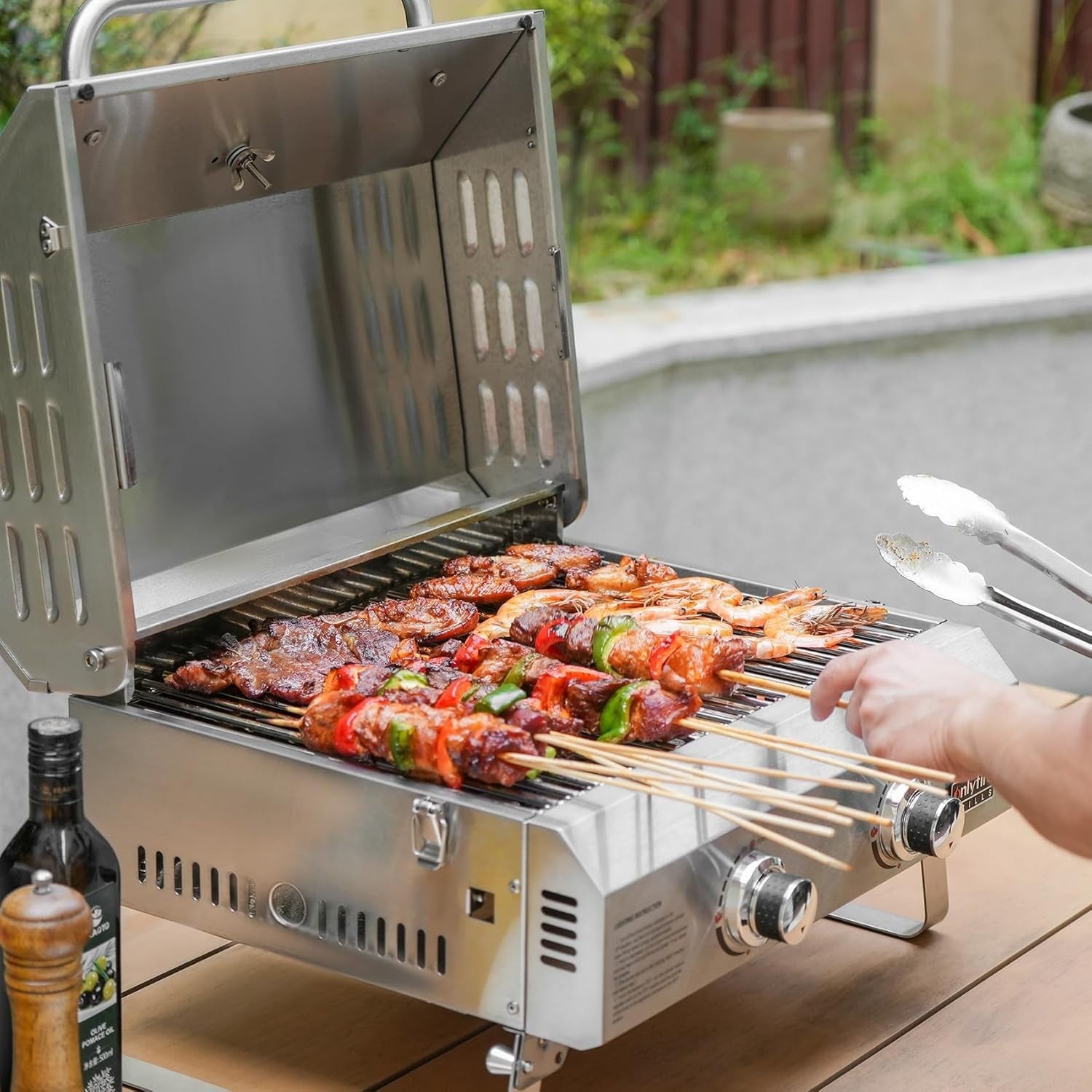 Portable 2 Burner Gas BBQ Grill Tabletop Stainless Steel Outdoor Camping Cooker