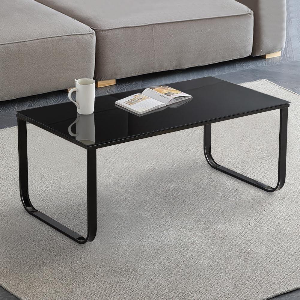 Black Tempered Glass Coffee Table with Storage & Metal Frame, 42cm Height
