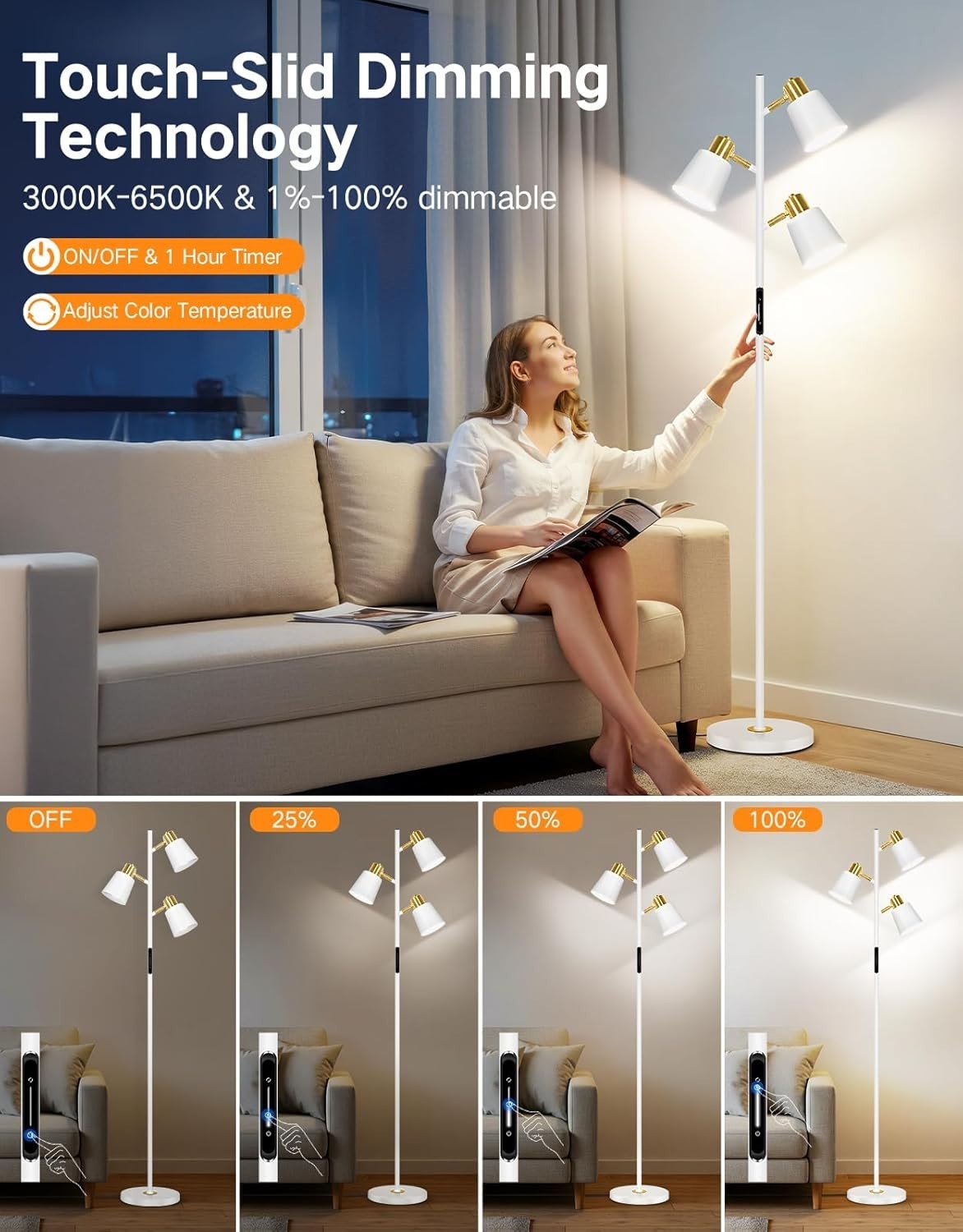 Dimmable LED Floor Lamp with Remote, 4 Color Temps, Adjustable & Sturdy