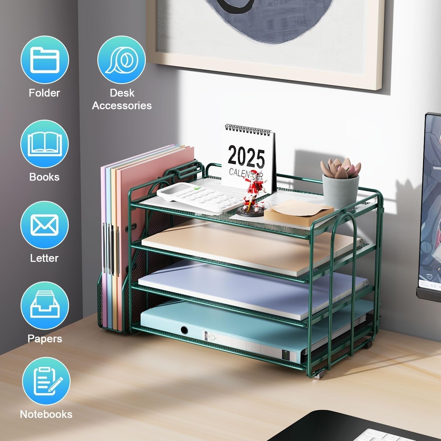 4-Tier Desk Organizer with Magazine Rack – Metal File & Paper Storage, Green