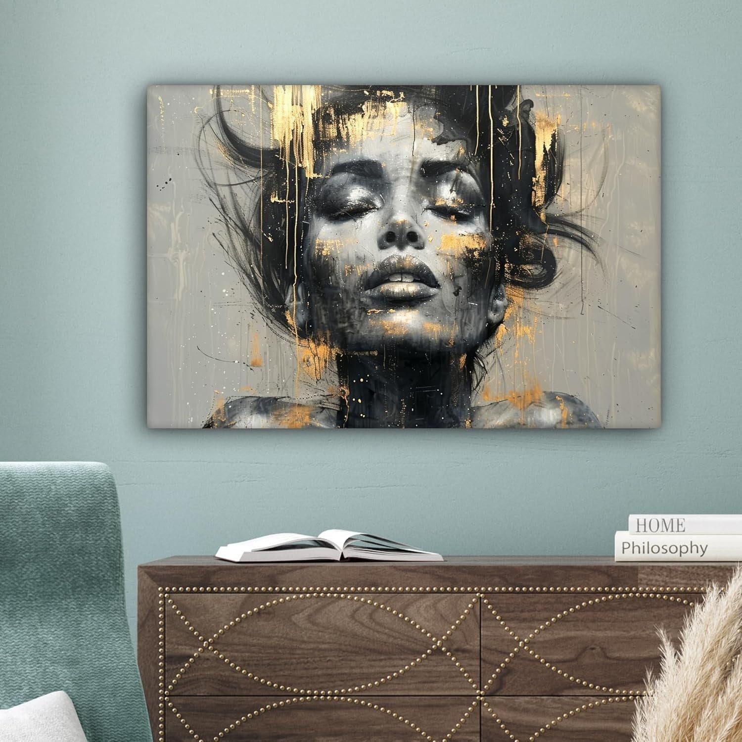 Abstract Woman Canvas Wall Art 60x40cm Gold Glamour Print