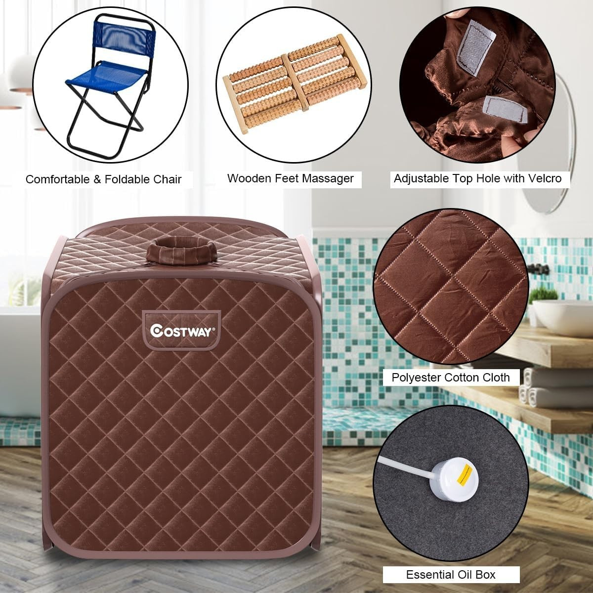 Portable Steam Sauna Tent Full Body Spa w/ Chair Foot Roller & Remote (Coffee)