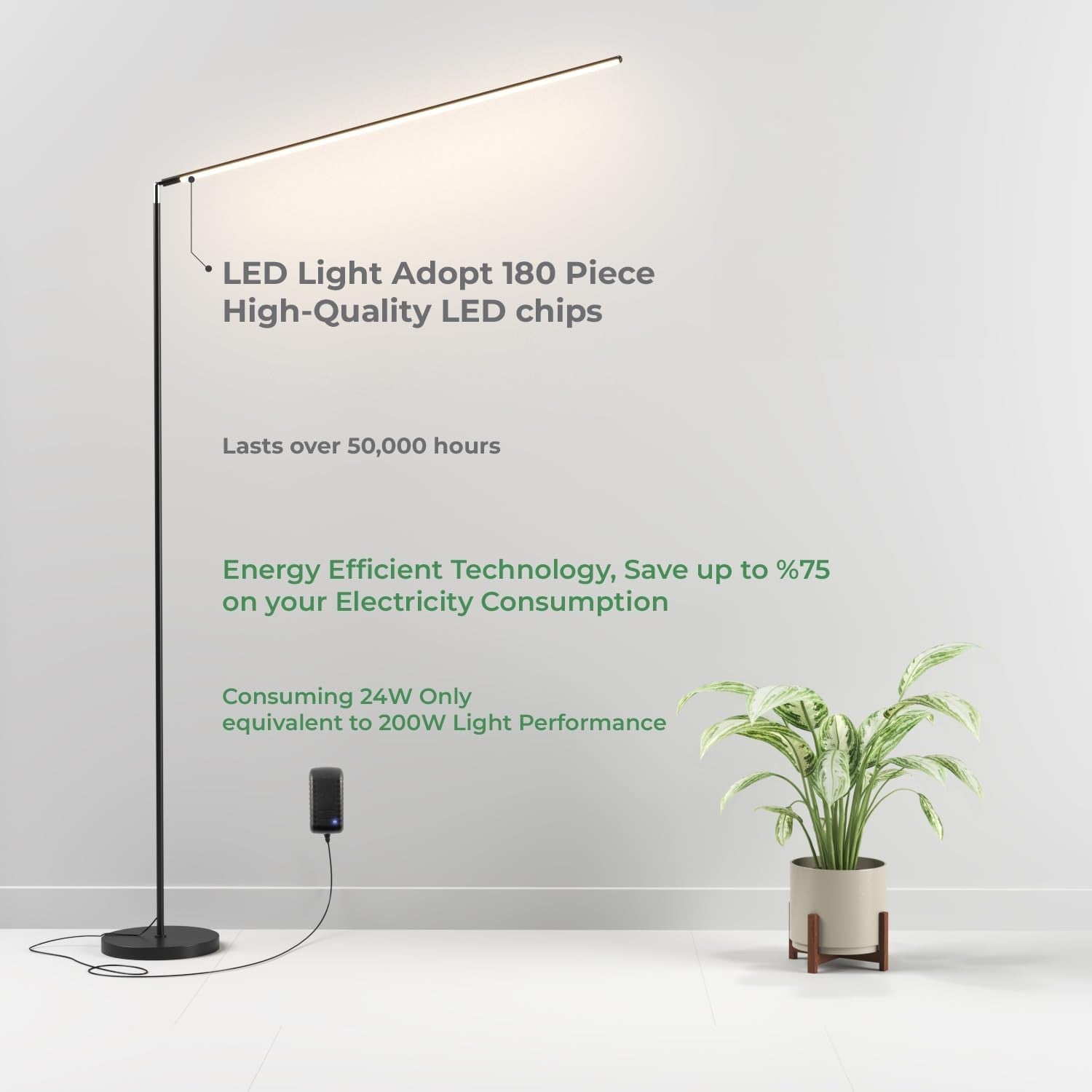 LED Floor Lamp Remote Control Dimmable Modern Slim Reading Light Black