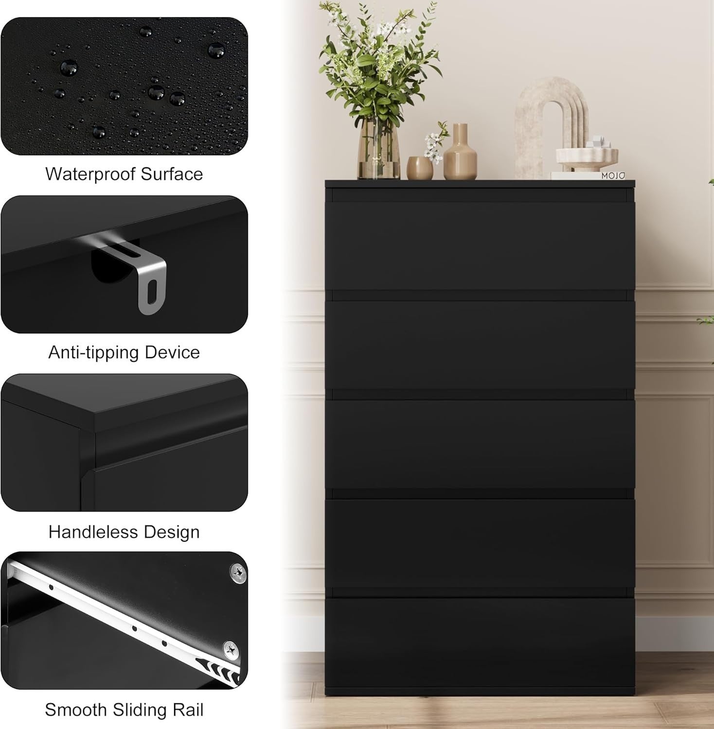 Black 5 Drawer Tall Chest Storage Cabinet Bedroom Organizer Furniture Unit