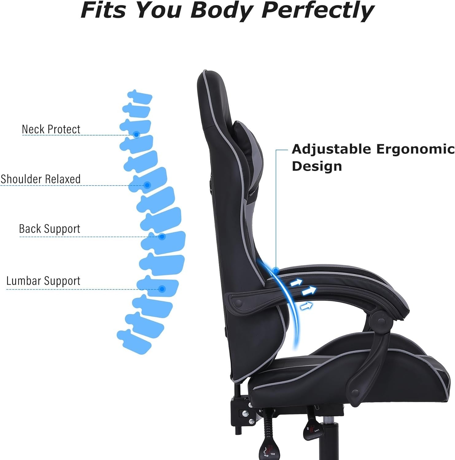 Ergonomic Gaming Chair w/ Lumbar Support Headrest Swivel Grey