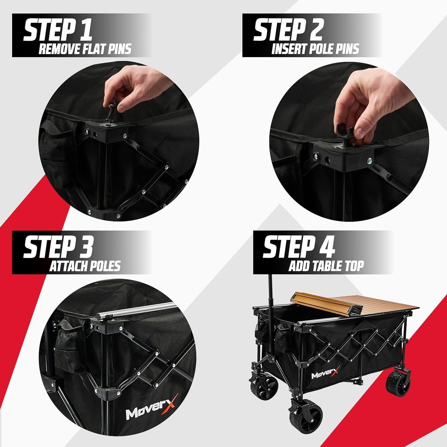 Black 200L Folding Camping Wagon with Table Festival Trolley Wide Wheel Cart