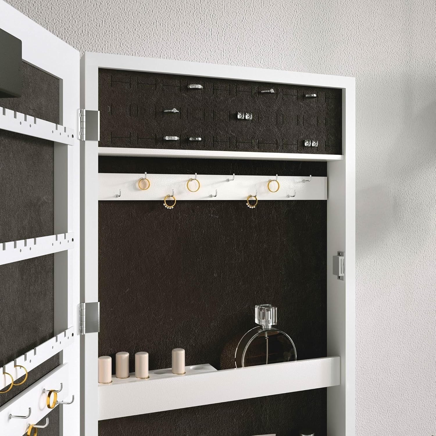 White LED Jewellery Cabinet Wall Mounted Mirror Storage Organizer