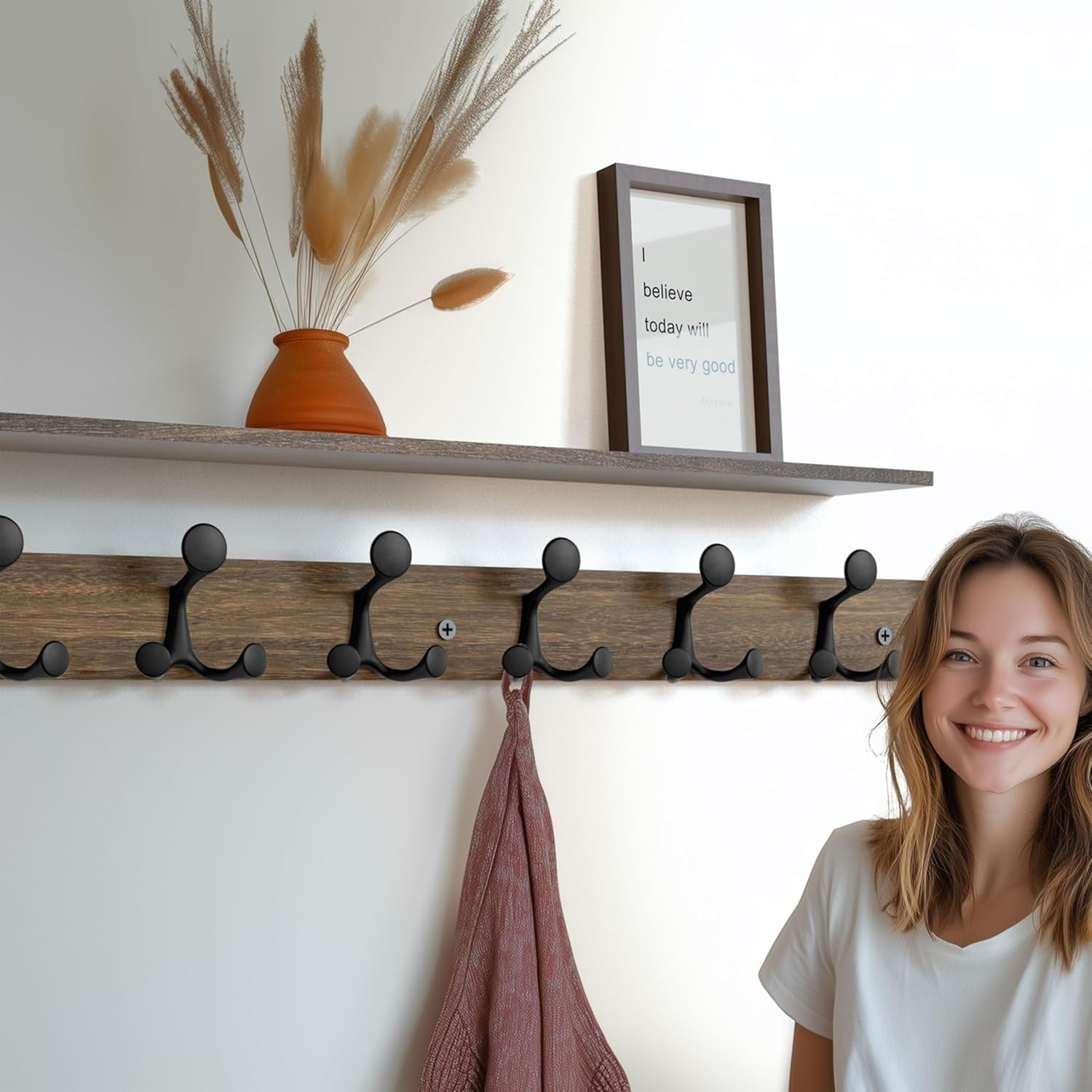 Wood Burnt Wall Coat Rack 8 Triple Hooks | Rustic Hanging Rail 43 Inch