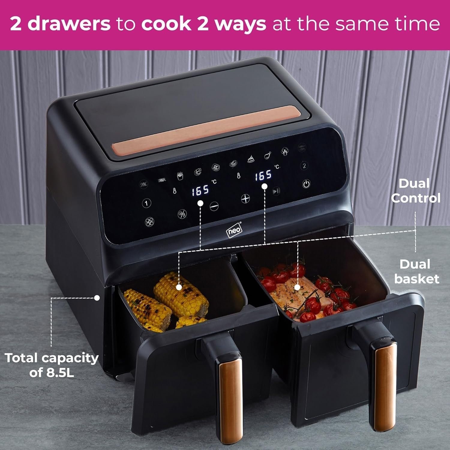Dual Zone Air Fryer 8.5L Double Drawer Window 1700W Digital Oil Free