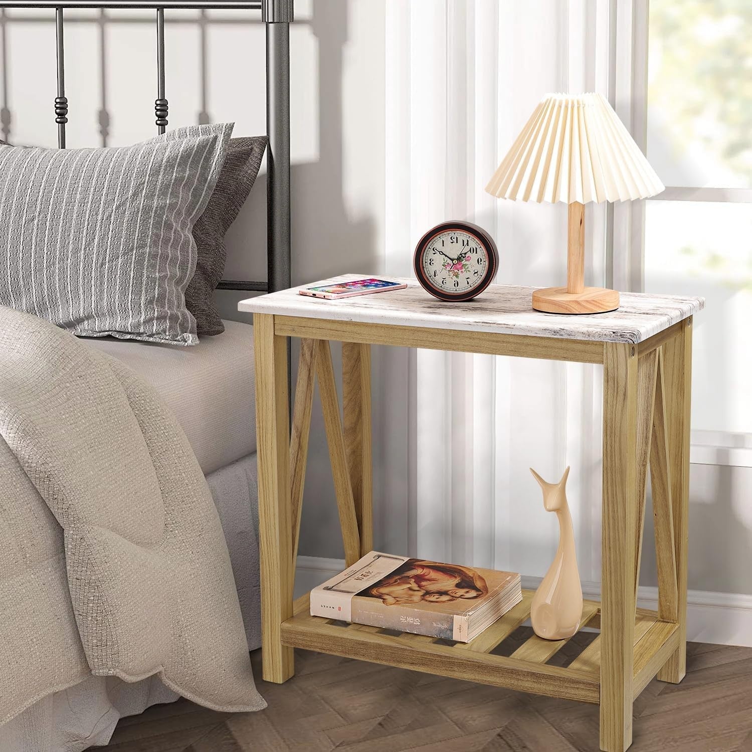 Farmhouse Narrow Table for Small Spaces End Side Table with Storage Shelf Rectan