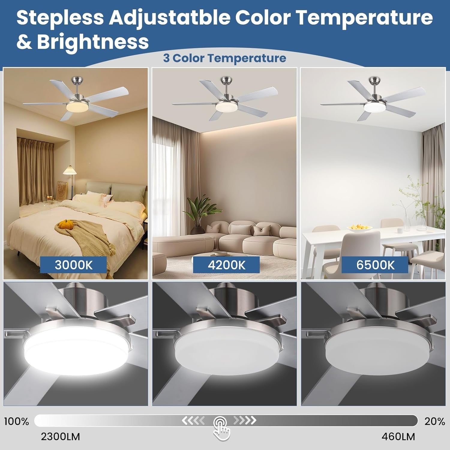 42" Silver Ceiling Fan, 6-Speed LED, Dimmable, Remote, Bedroom LR