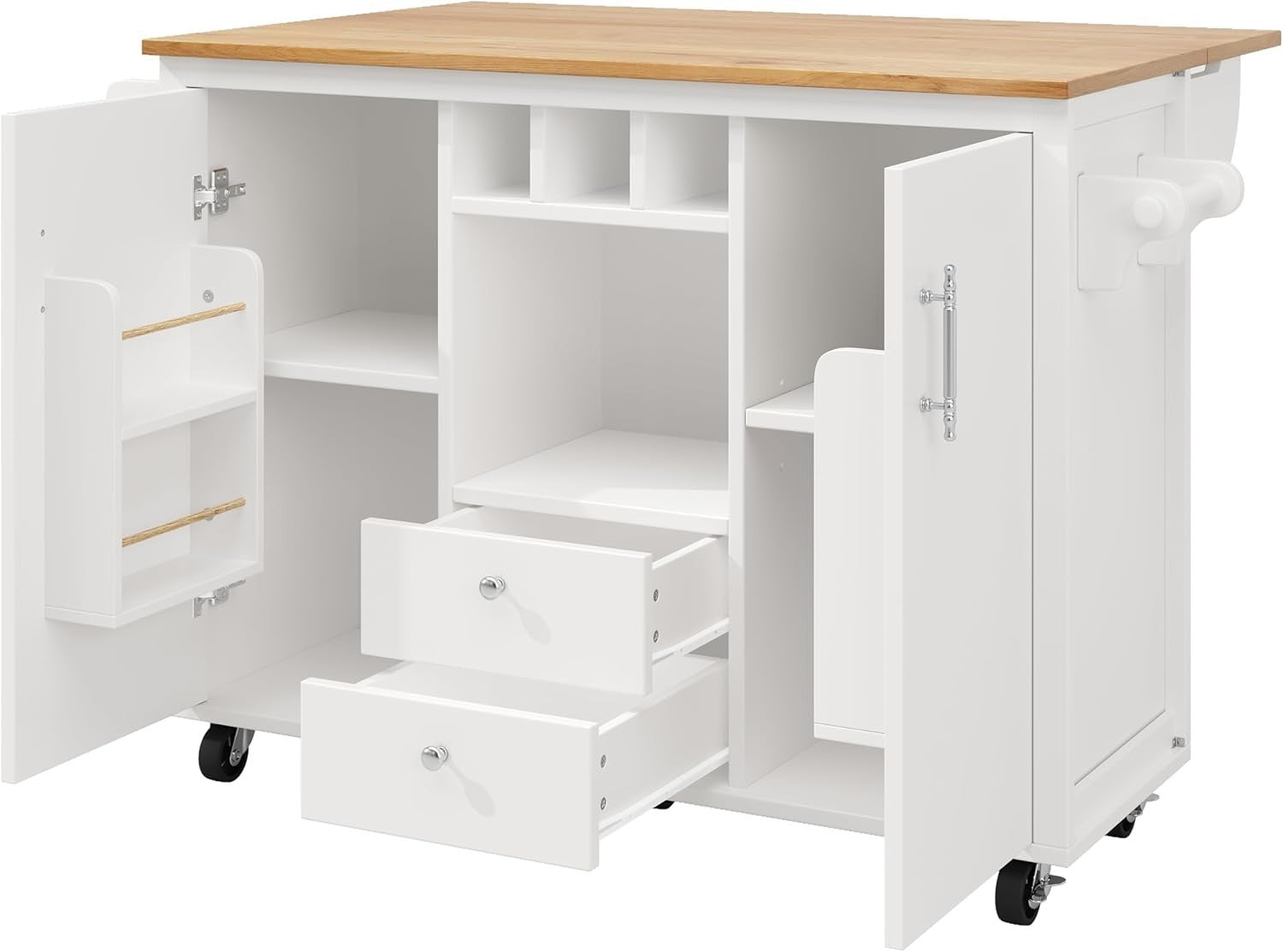 Rolling Kitchen Island Cart with Foldable Tabletop, Storage Drawers & Spice Rack