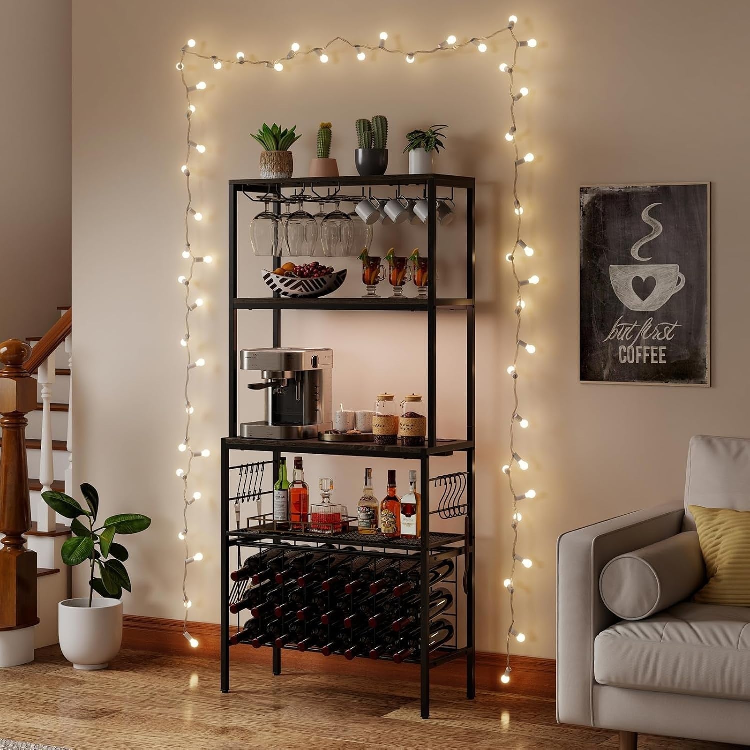 4 Tier Wine Rack Bar Cabinet with Power Outlets, 24 Bottle Storage