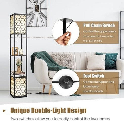 Floor Lamp with Shelves Twin Lampshade Storage Standing Light Reading Lamp