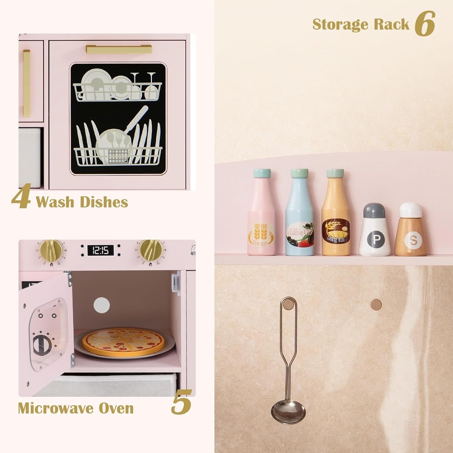 Wooden Kids Play Kitchen Pink Ice Maker Dishwasher Toy Set