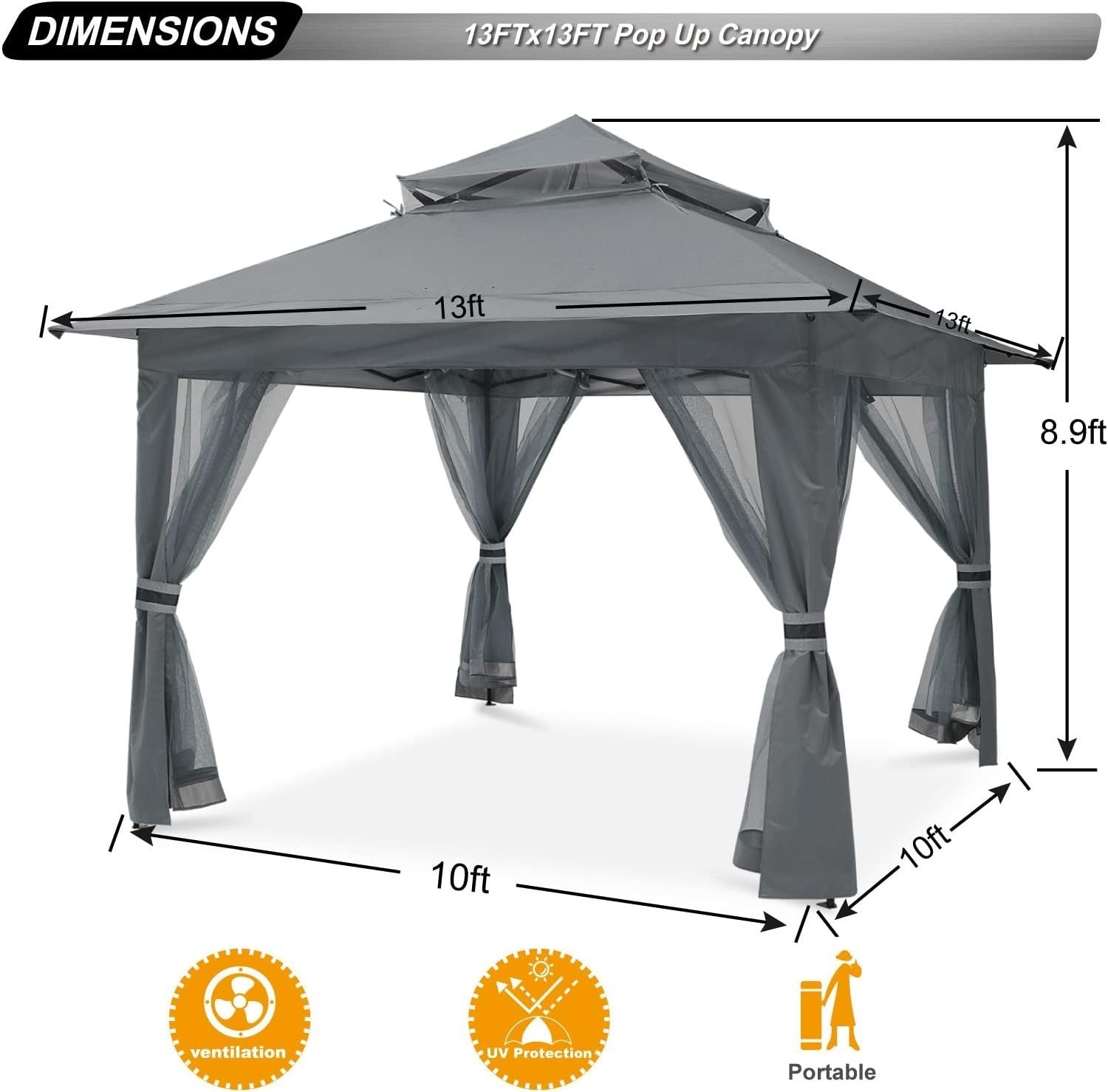 3.6x3.6M Gray Pop Up Gazebo With Mesh Walls Outdoor Canopy Tent