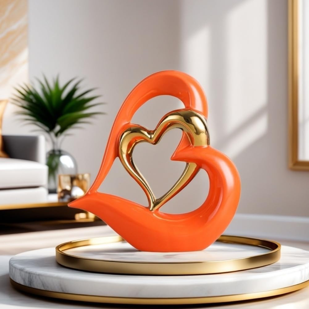 Modern Double Heart Ceramic Sculpture Ornament Gold Accent Home Decor Gift