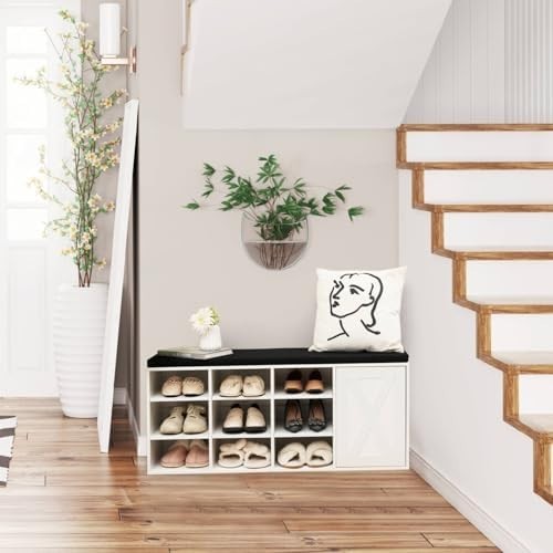 Wooden Shoe Storage Bench with Cushion & Barn Door, 9 Compartments