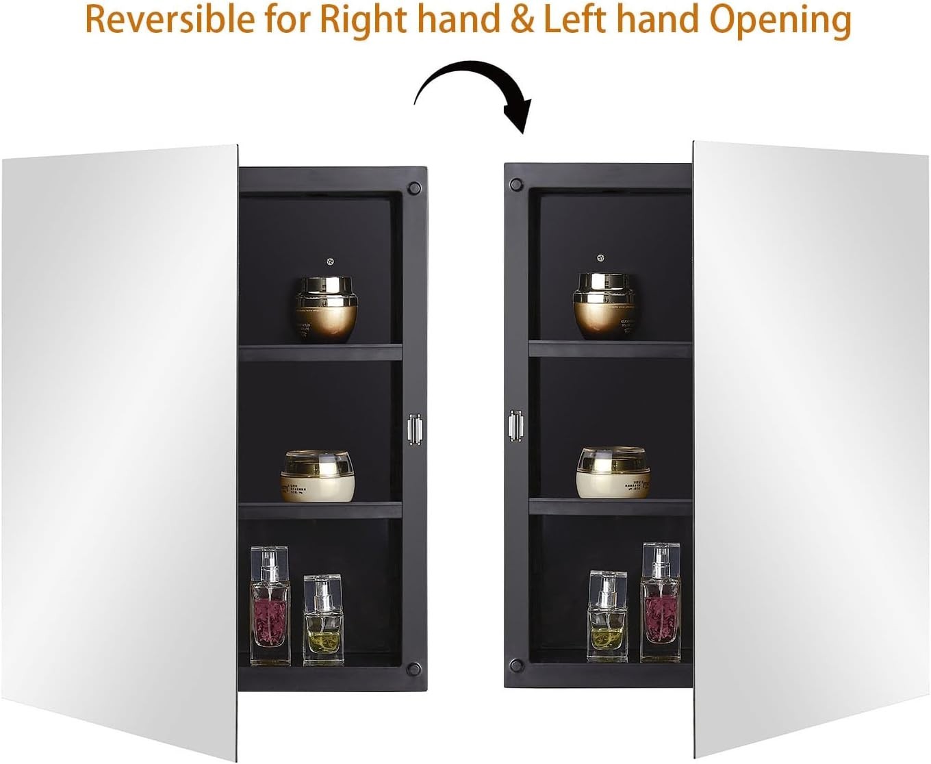 Wall-Mount Black Plastic Mirror Cabinet with Polished Edge & Adjustable Shelves