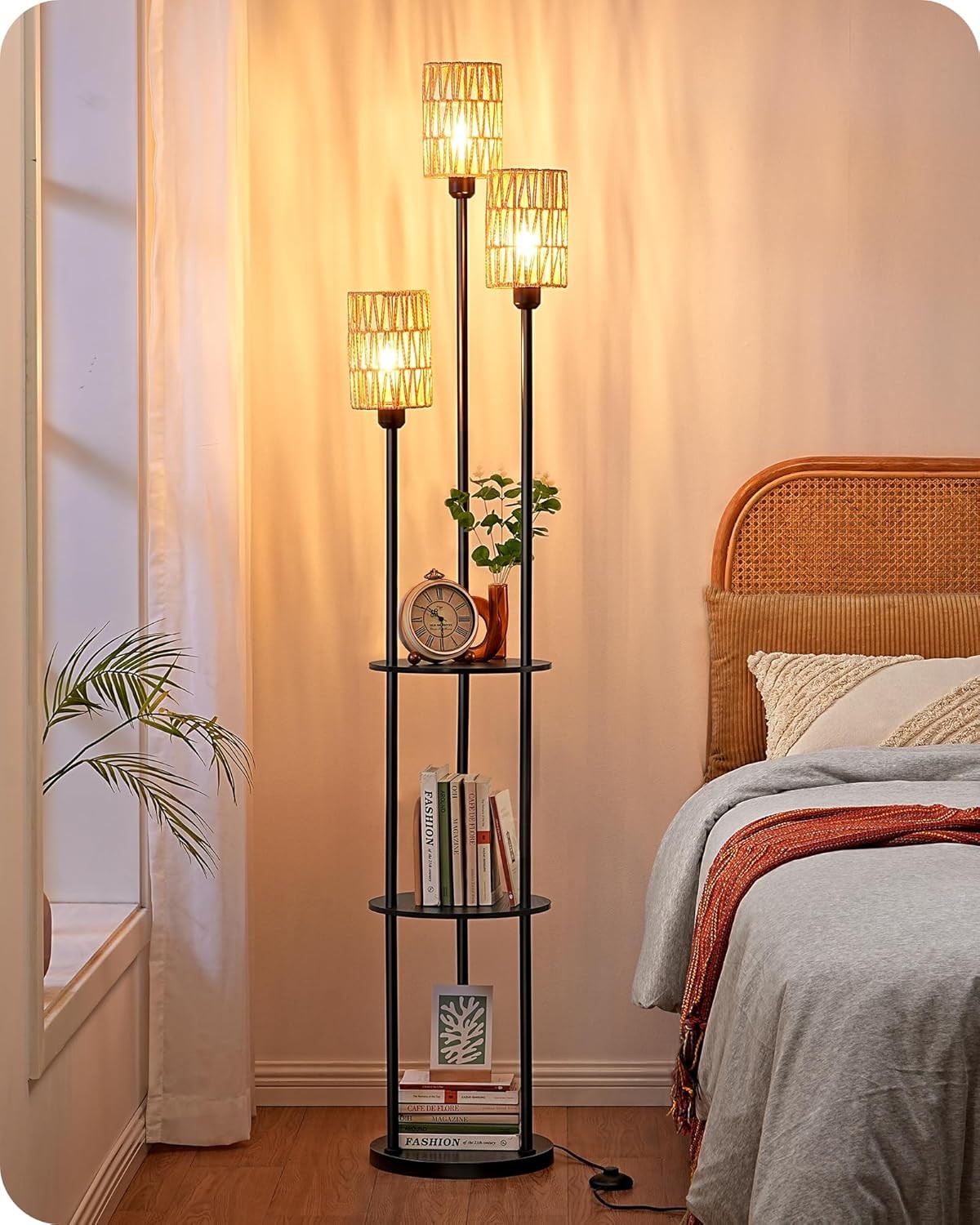 Boho Floor Lamp with Shelves 3 Light Rattan Standing Lamp 70 Inch