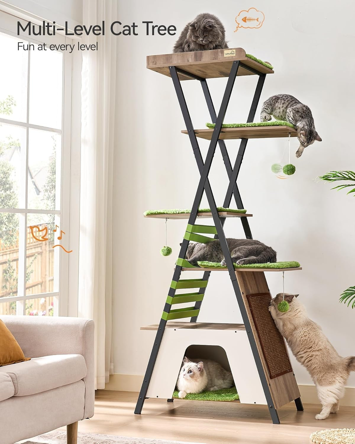Modern Cat Tree Tower 184cm Multi Level Condo Scratcher with Ladder Perches