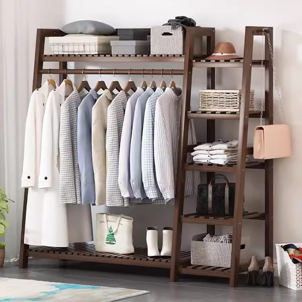 Bamboo Clothes Rack with 7 Shelves, Wardrobe Organizer and Hanging Rail
