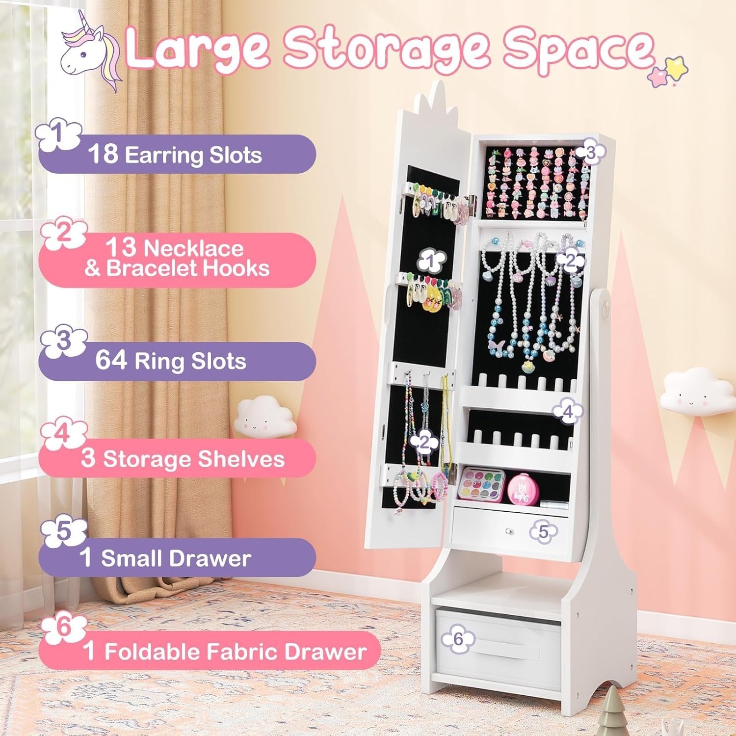 Kids Jewelry Cabinet Mirror Organizer Adjustable Princess Storage Unicorn