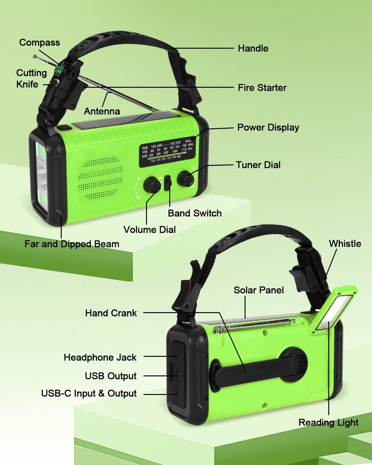 Wind Up Green Solar Emergency Radio with 20000mAh Battery, AM/FM & Flashlight