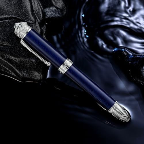 Ocean Blue Piston Fountain Pen Fine Nib Snake Engraved Metal Gift Set
