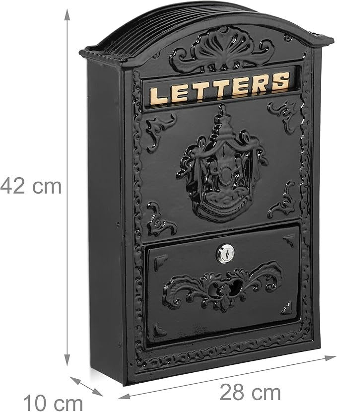Vintage Wall Mounted Mailbox Lockable A4 Slot Iron Aluminium Black Gold