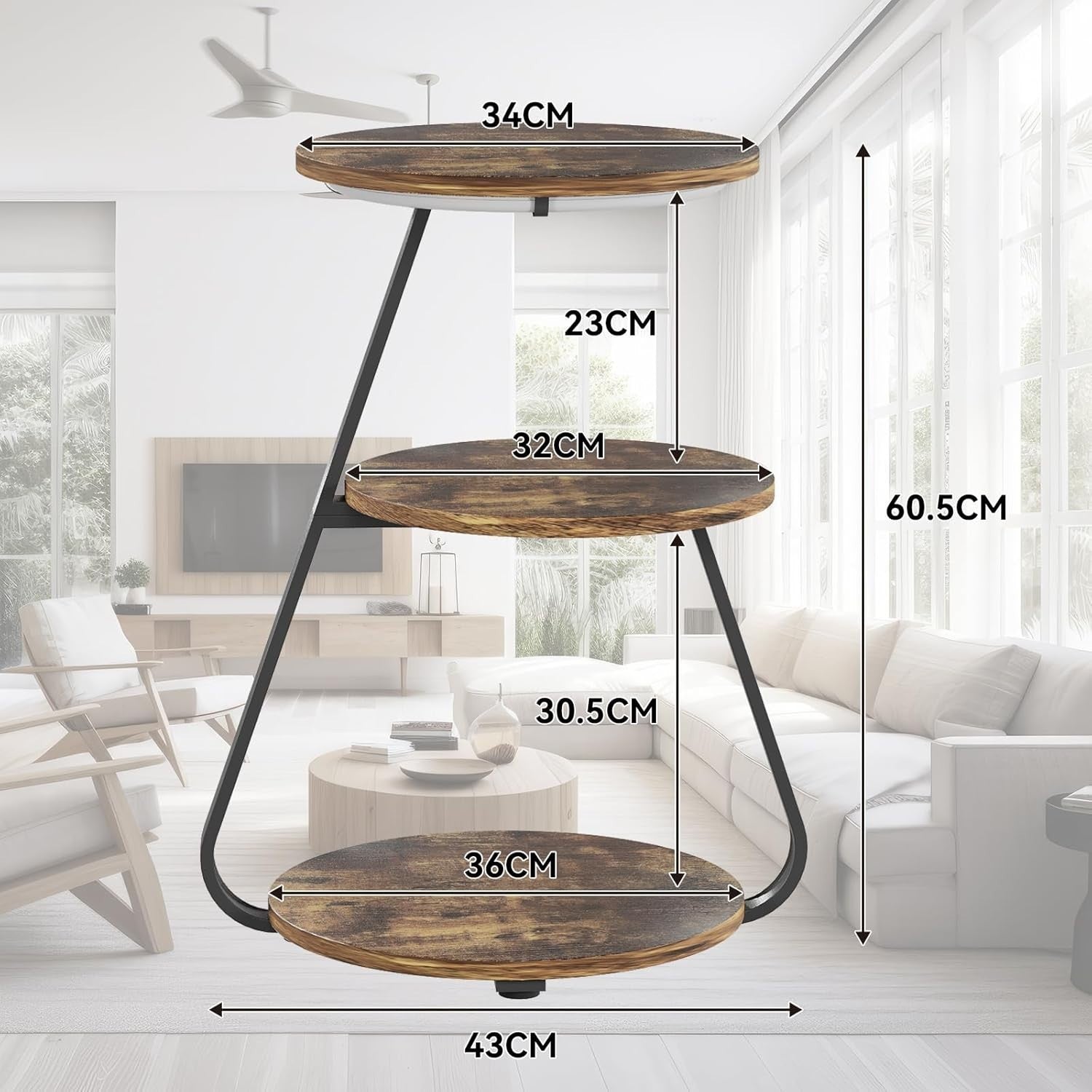 Round Side Table with LED Lights & 3 Tiers – End Bedside Coffee Table