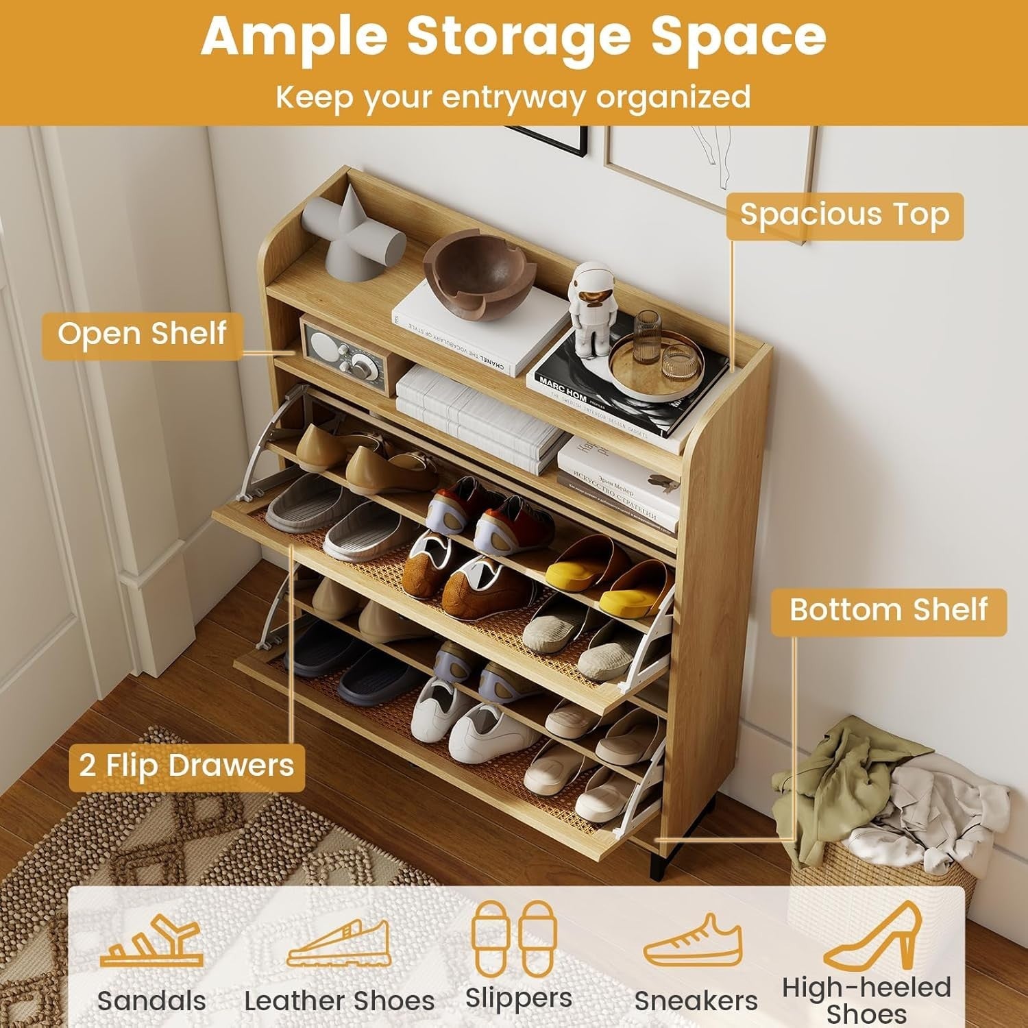 Narrow Rattan Shoe Cabinet with 2 Flip Drawers & Open Shelf 80x24x115cm