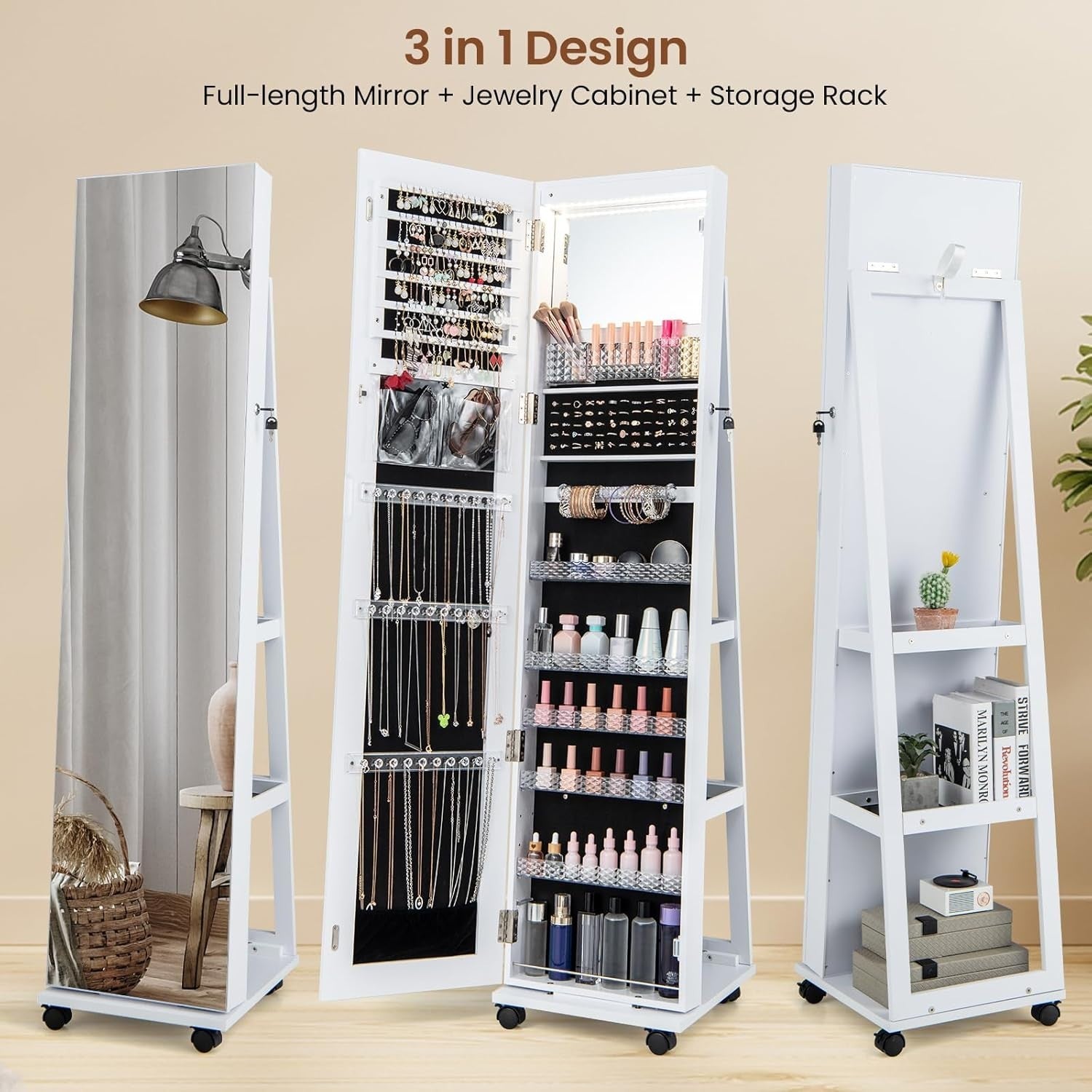 White 360° Rotating LED Jewellery Cabinet Lockable Mirror with Wheels