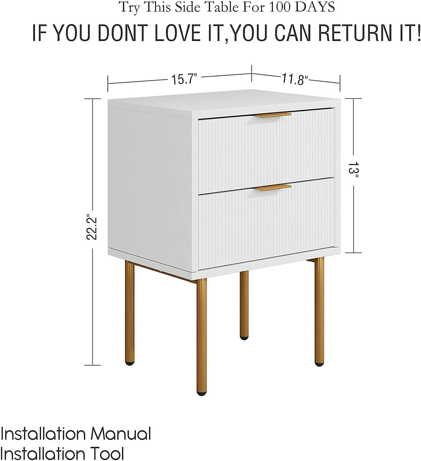 White Bedside Table with 2 Drawers & Gold Legs | Modern Wooden Nightstand