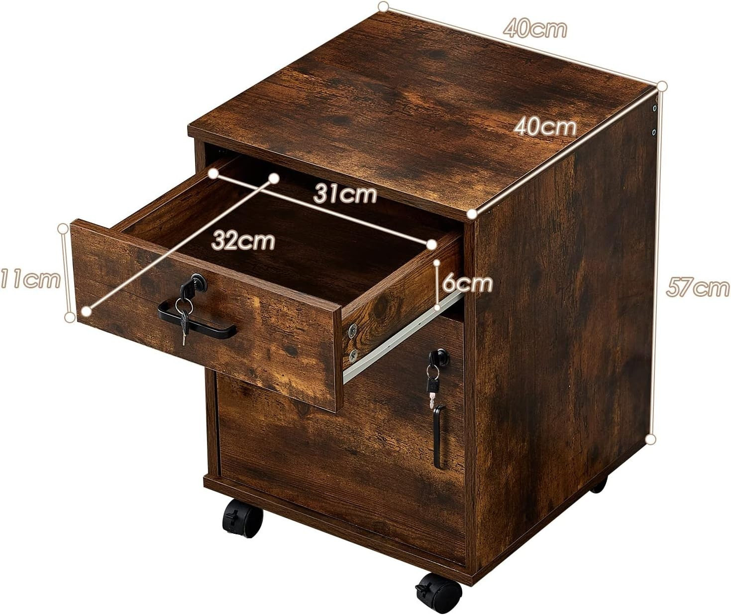 Brown Locking Rolling File Cabinet 1 Drawer 1 Door Under Desk Storage