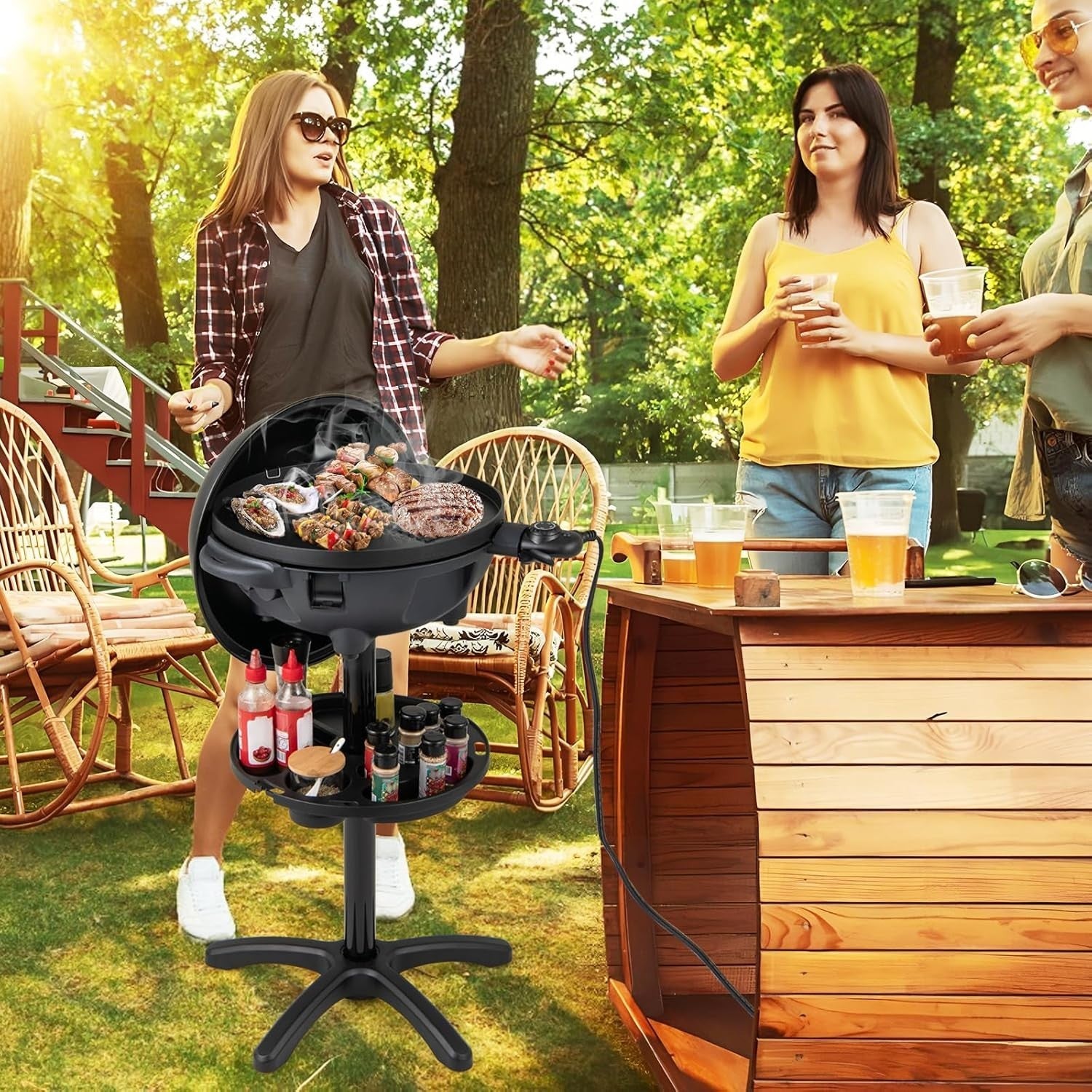 2-in-1 Electric BBQ Grill & Table Grill with Stand, Non-Stick Plate