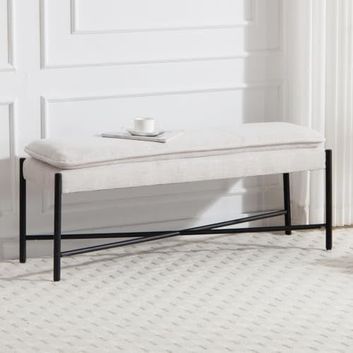 Beige Linen Upholstered Ottoman Bench Metal Frame Seat 115x37x48cm